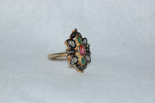Load image into Gallery viewer, Diamond, Emerald and Ruby Antique Style Shield Ring