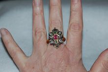 Load image into Gallery viewer, Diamond, Emerald and Ruby Antique Style Shield Ring