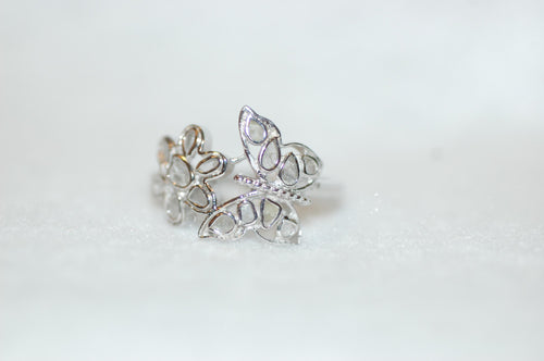 Flower and Butterfly Stained Glass Diamond Silver Ring