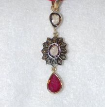 Load image into Gallery viewer, Ruby Drop and Diamond Sunburst Necklace
