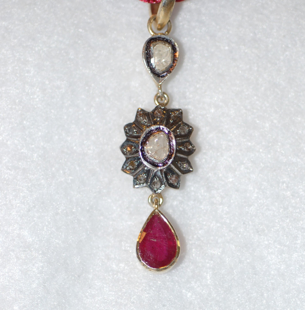 Ruby Drop and Diamond Sunburst Necklace