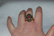 Load image into Gallery viewer, Diamond, Emerald and Ruby Antique Style Shield Ring