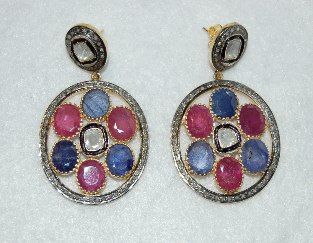 Diamond, Sapphire and Ruby Doorknocker Earrings