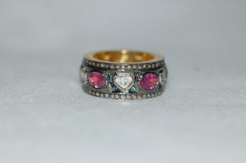 Antique Style Rose Cut Diamonds and Pink Tourmaline Eternity Band