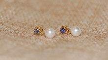 Load image into Gallery viewer, Dainty Pearl and Iolite Hanging Earrings