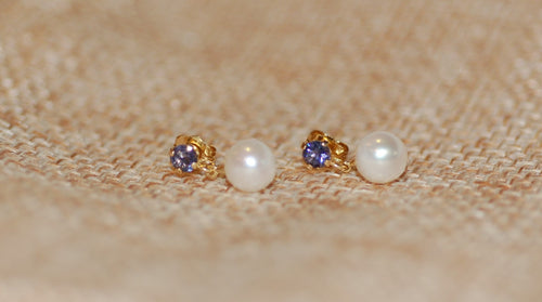 Dainty Pearl and Iolite Hanging Earrings