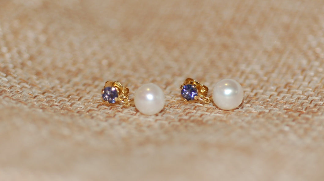 Dainty Pearl and Iolite Hanging Earrings