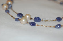 Load image into Gallery viewer, Tanzanite and Pearl Tin Cup Long Necklace