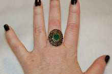 Load image into Gallery viewer, Emerald and Diamond Filigree Ring