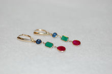Load image into Gallery viewer, Mixed Cut Ruby, Emerald and Sapphire Gold Drop Earrings