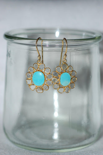 Diamond and Turquoise Stained Glass Dangle Earrings