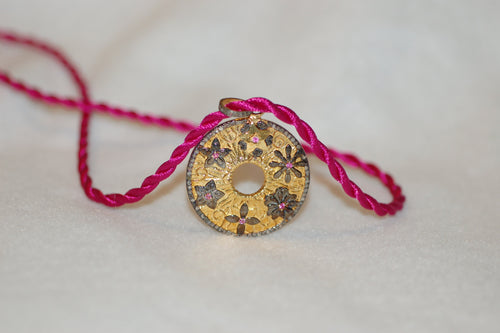 Diamond and Ruby Flowers Disk Pendant