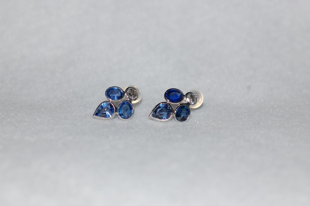Ceylon Sapphire and Diamond Flower Petal Gold Stud Earrings