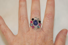 Load image into Gallery viewer, Tanzanite Cabochon and Multi Gemstone Large Silver Flower Cocktail Ring
