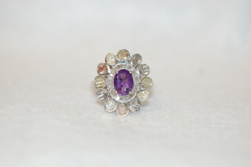 Amethyst and Rose Cut Diamonds Flower Ring