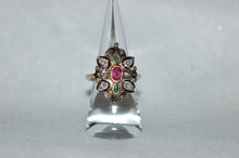 Load image into Gallery viewer, Diamond, Emerald and Ruby Antique Style Shield Ring