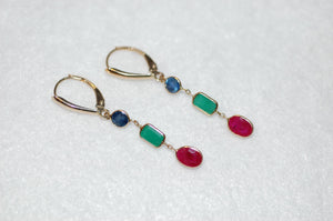 Mixed Cut Ruby Emerald and Sapphire Gold Drop Earrings