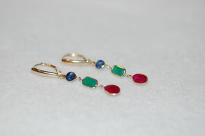 Mixed Cut Ruby Emerald and Sapphire Gold Drop Earrings