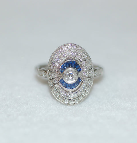 Antique Style Sapphire and Diamond Deco Ring