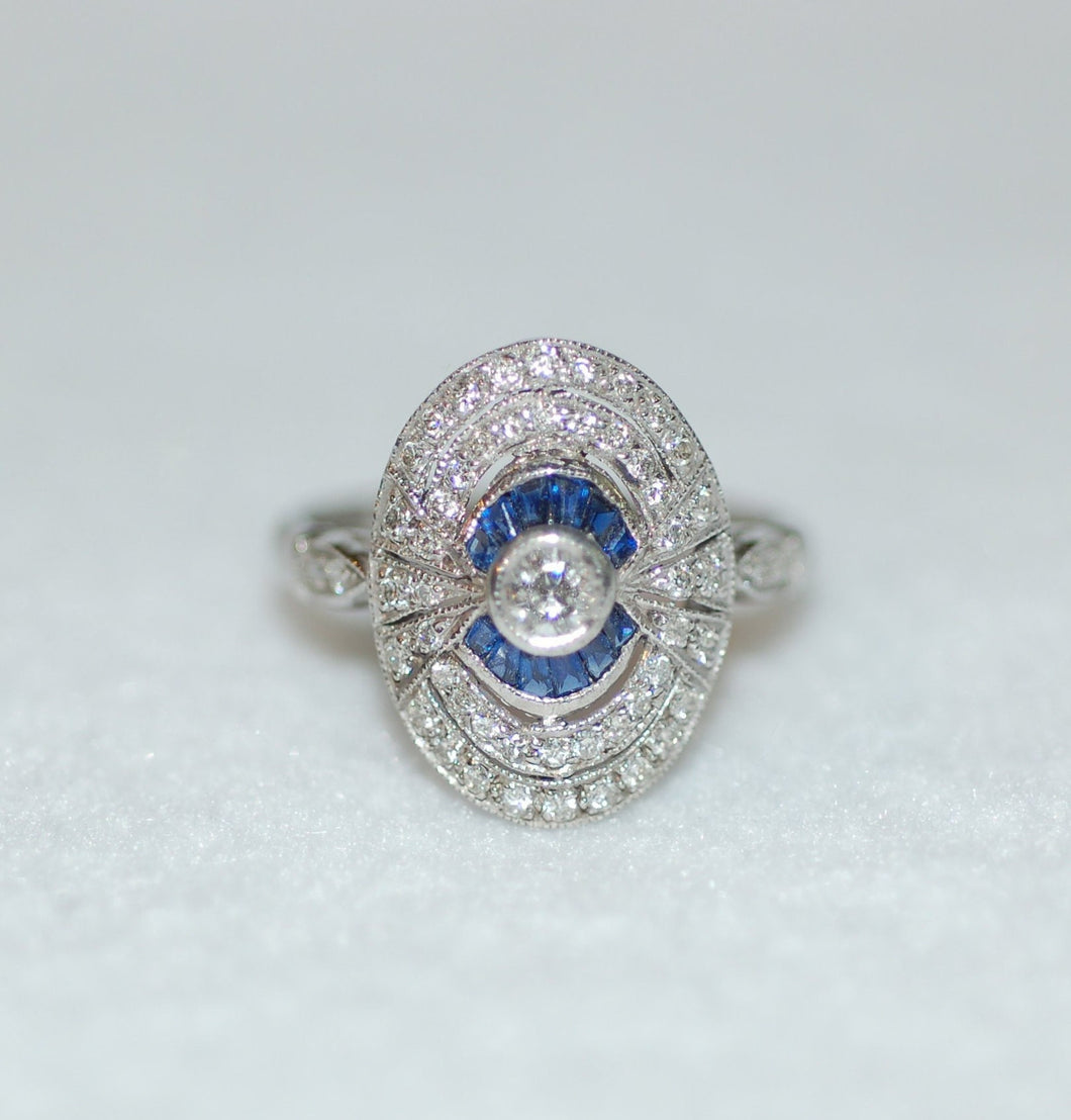 Antique Style Sapphire and Diamond Deco Ring