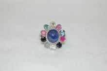 Load image into Gallery viewer, Tanzanite Cabochon and Multi Gemstone Large Silver Flower Cocktail Ring