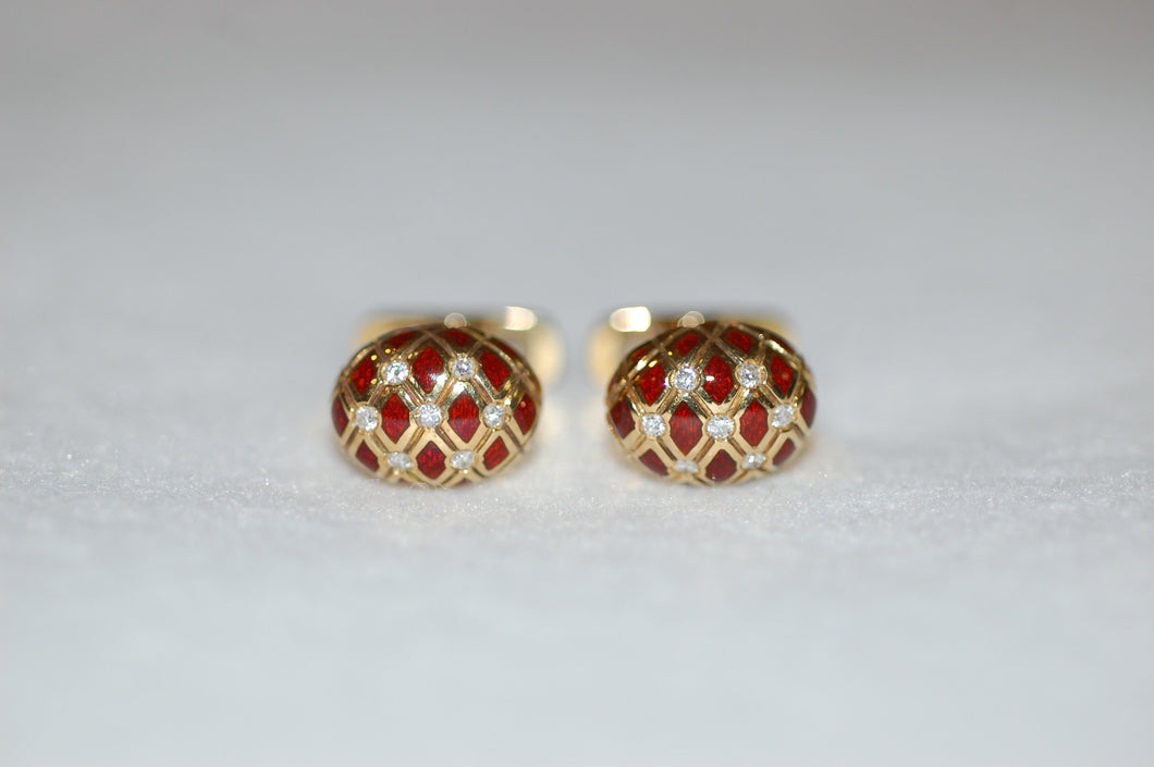 Diamond and Red Enamel Criss Cross Gold Cuff Links