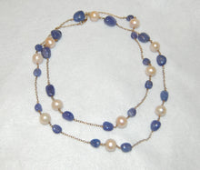 Load image into Gallery viewer, Tanzanite and Pearl Tin Cup Long Necklace
