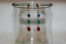 Load image into Gallery viewer, Mixed Cut Ruby, Emerald and Sapphire Gold Drop Earrings