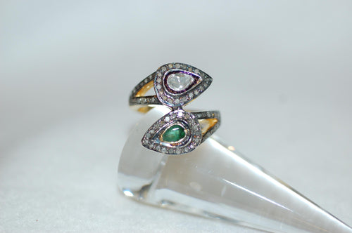Diamond and Emerald Double Snakehead Ring
