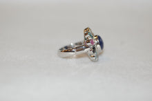 Load image into Gallery viewer, Tanzanite Cabochon and Multi Gemstone Large Silver Flower Cocktail Ring