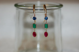 Mixed Cut Ruby Emerald and Sapphire Gold Drop Earrings