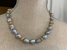 Load image into Gallery viewer, Gray Baroque Pearl and Bali Bead Tin Cup Necklace