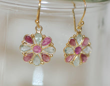Load image into Gallery viewer, Aquamarine and Ruby Flower Earrings