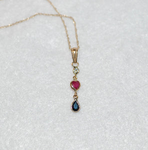 Ruby Heart, Sapphire and Diamond Heart Gold Necklace