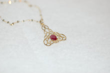 Load image into Gallery viewer, Ruby Celtic Knot Scroll 14K Gold Necklace