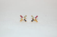 Load image into Gallery viewer, Pearl and Multicolor Sapphires X Silver Stud Earrings