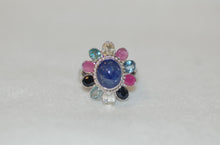 Load image into Gallery viewer, Tanzanite Cabochon and Multi Gemstone Large Silver Flower Cocktail Ring