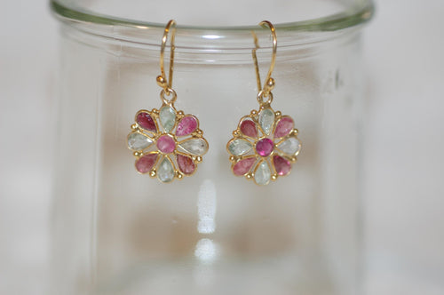 Aquamarine and Ruby Flower Earrings