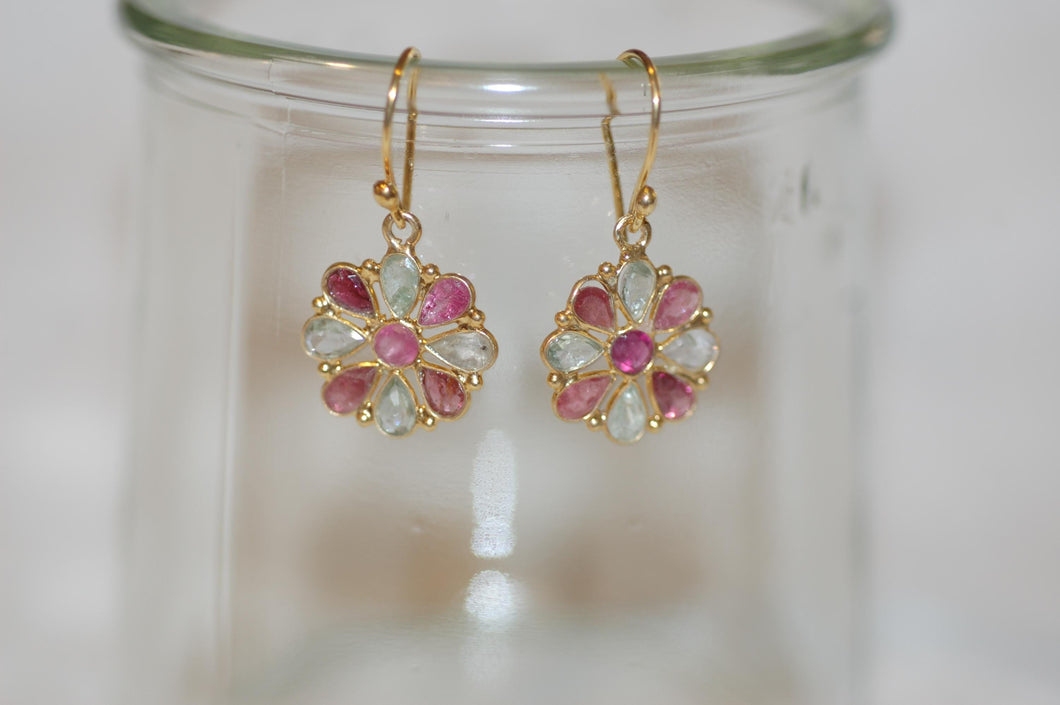 Aquamarine and Ruby Flower Earrings