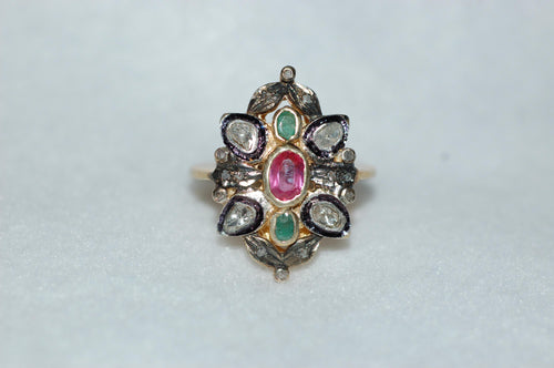 Diamond, Emerald and Ruby Antique Style Shield Ring
