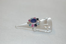 Load image into Gallery viewer, Tanzanite Cabochon and Multi Gemstone Large Silver Flower Cocktail Ring