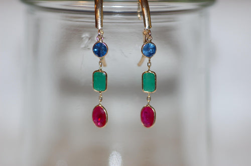 Mixed Cut Ruby Emerald and Sapphire Gold Drop Earrings