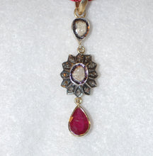 Load image into Gallery viewer, Ruby Drop and Diamond Sunburst Necklace