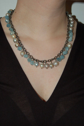 Baroque Pearl and Rough Aquamarine Bead Fringe Necklace
