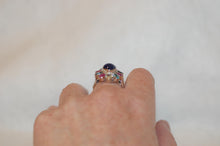 Load image into Gallery viewer, Tanzanite Cabochon and Multi Gemstone Large Silver Flower Cocktail Ring