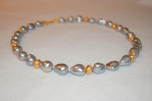 Load image into Gallery viewer, Gray Baroque Pearl and Bali Bead Tin Cup Necklace