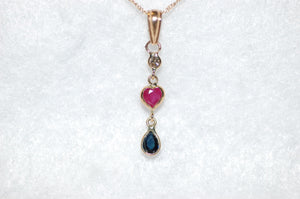 Ruby Heart, Sapphire and Diamond Heart Gold Necklace