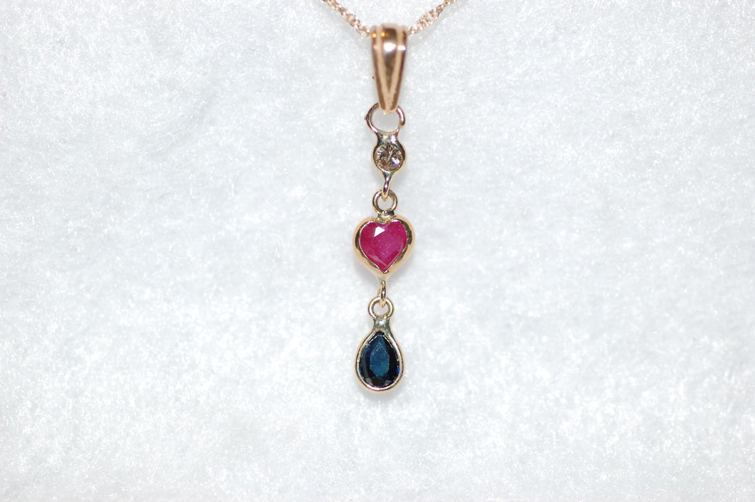 Ruby Heart, Sapphire and Diamond Heart Gold Necklace