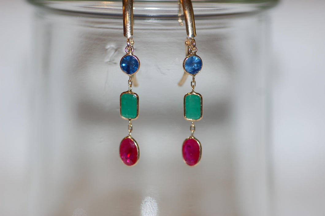 Mixed Cut Ruby, Emerald and Sapphire Gold Drop Earrings