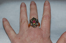 Load image into Gallery viewer, Diamond, Emerald and Ruby Antique Style Shield Ring